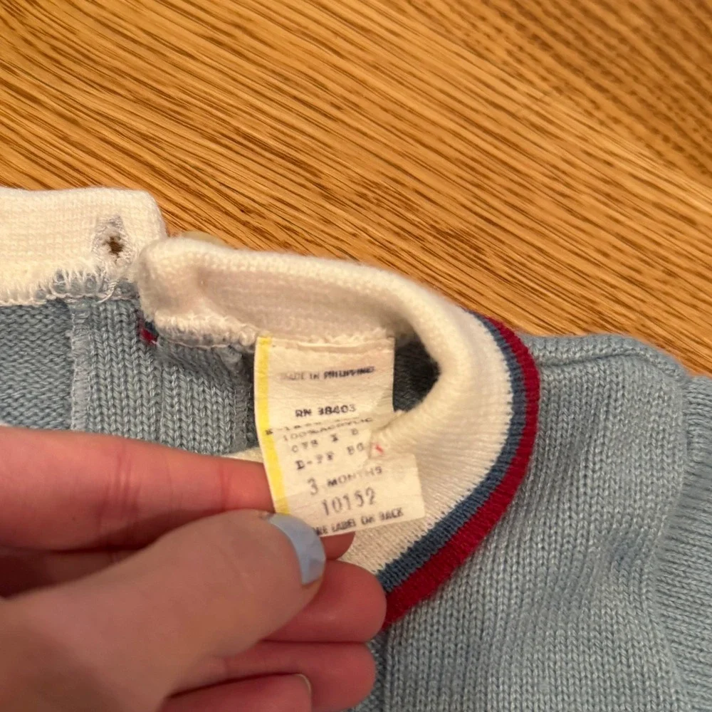 Vintage‎ Knit Sweater & Footed Pants Set Infant 3 Months Blue Bear Train 2pc